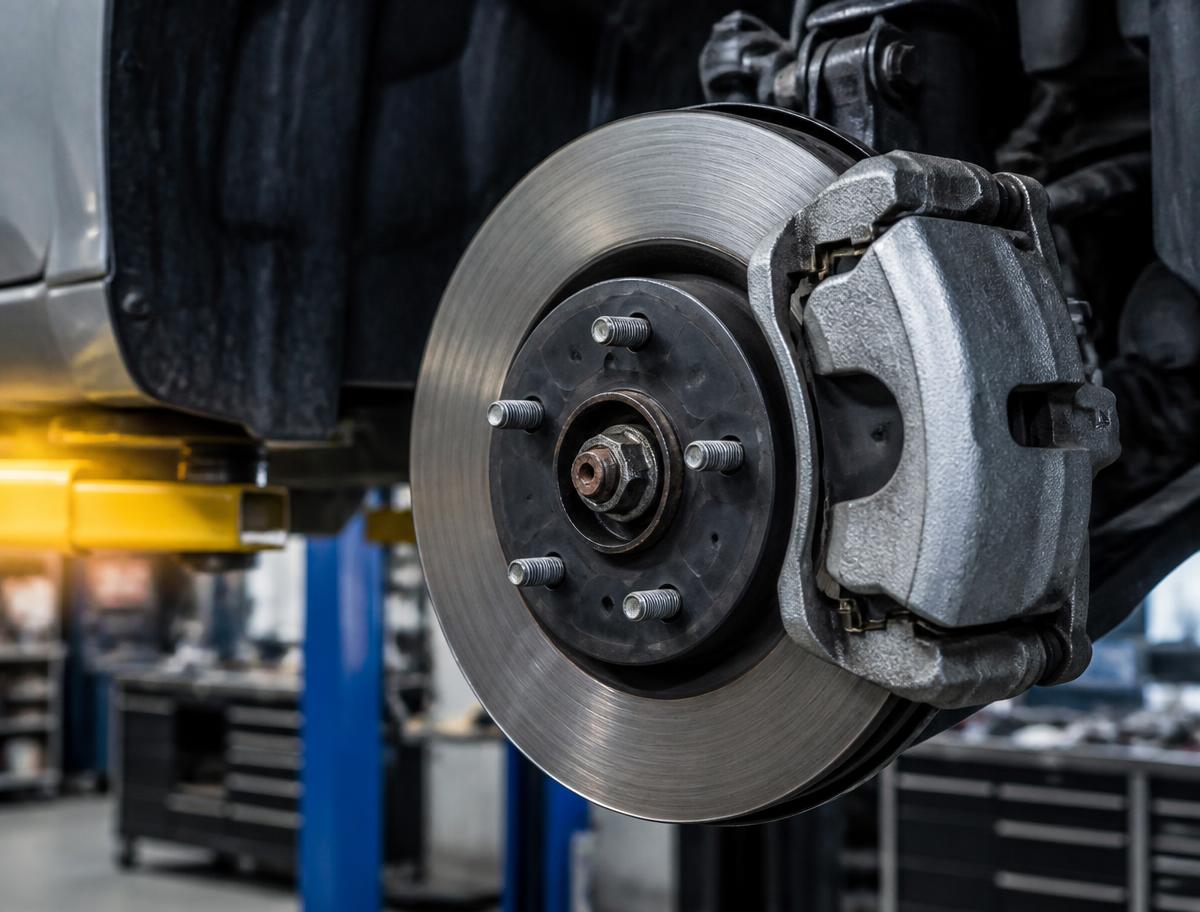 Brake rotor and caliper brake service on a vehicle raised on the lift at C & A Auto Repair