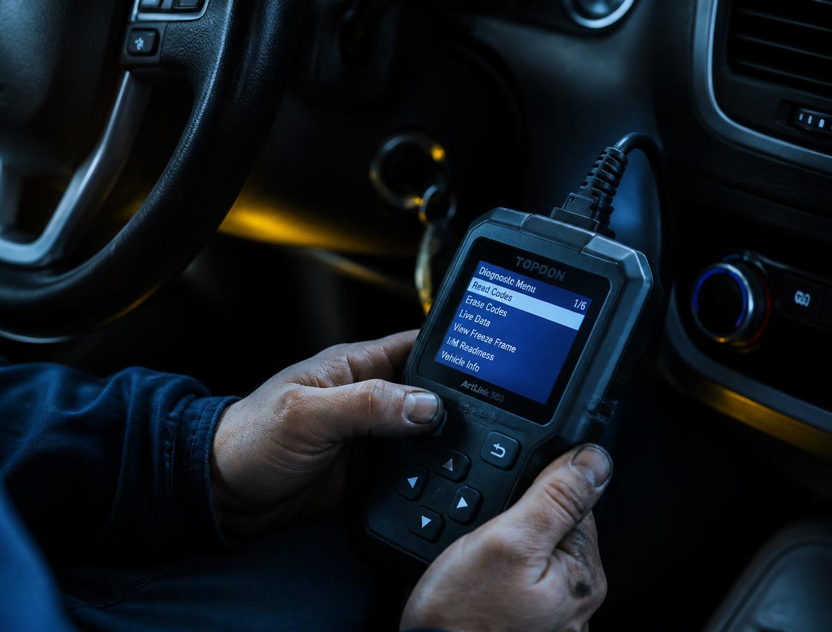Technician running check-engine diagnostics with a scan tool inside a customer vehicle