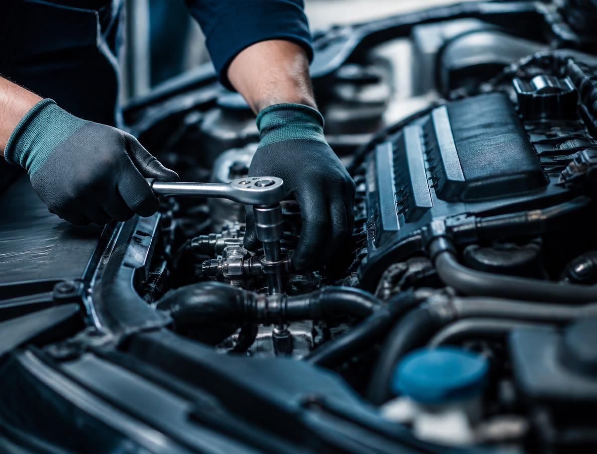 Mechanic using a ratchet on an engine during auto repair in West Chicago, IL