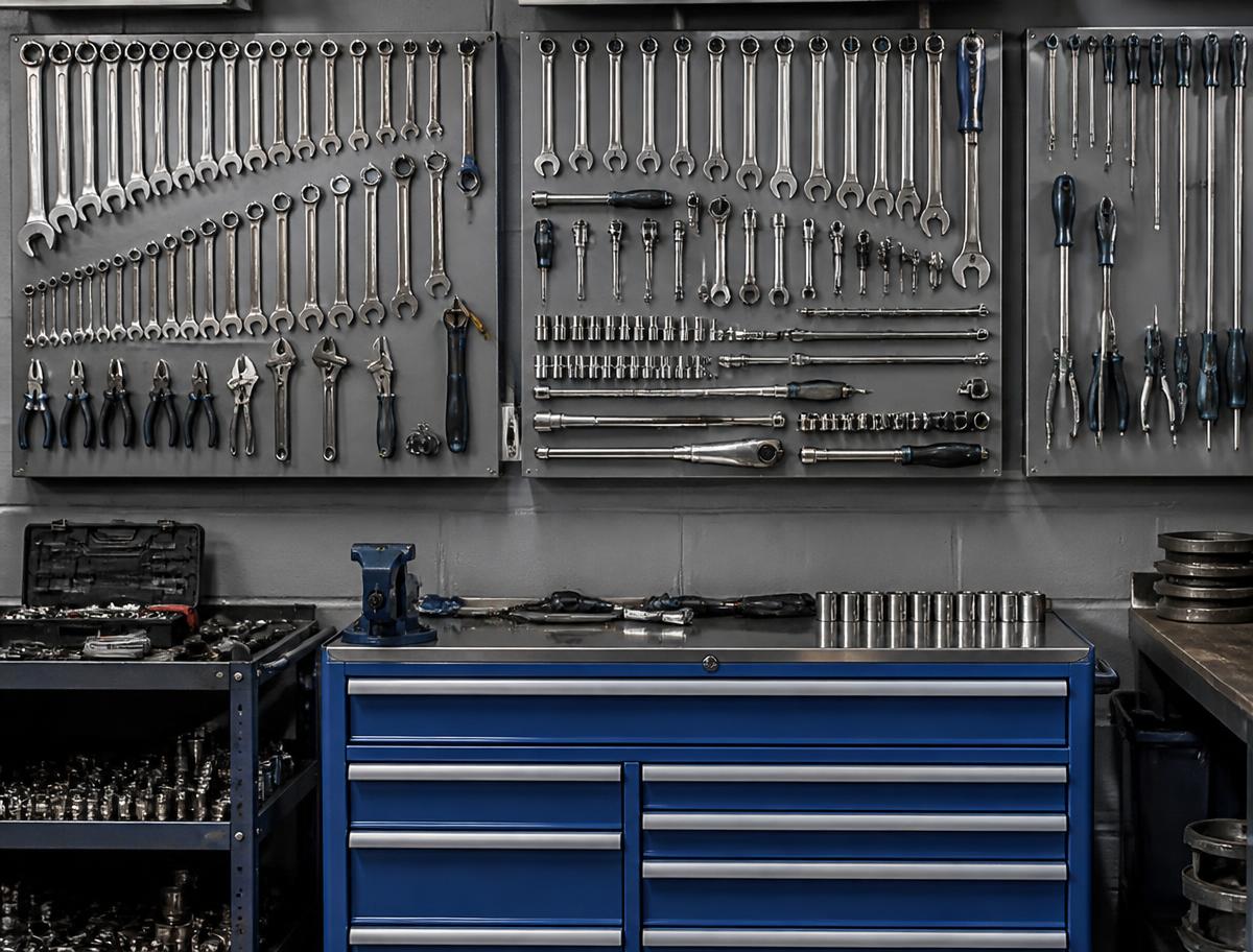Organized automotive hand tools and tool chest in the C & A Auto Repair shop